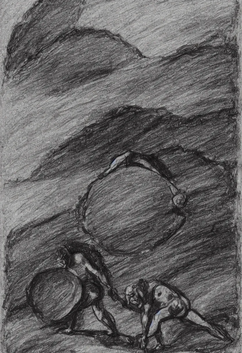 Prompt: drawing of sisyphus pushing a rock up a hill, black silhouette