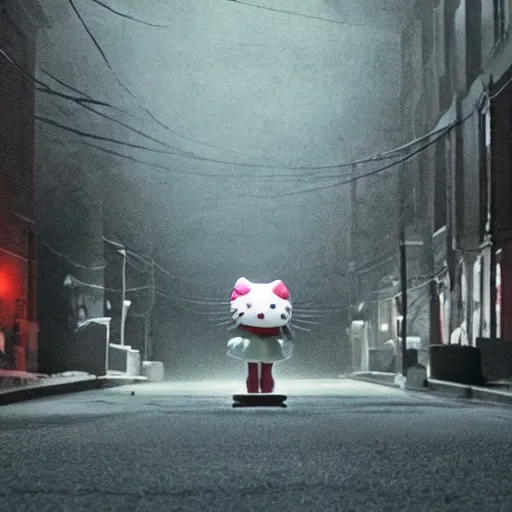 Image similar to film still of a human sized hello kitty with a knife standing on an empty street beneath a lamp, grainy, horror movie, creepy, eerie, dark, great cinematography, amazing lighting, directed by scott derrickson and sam raimi and fede alvarez