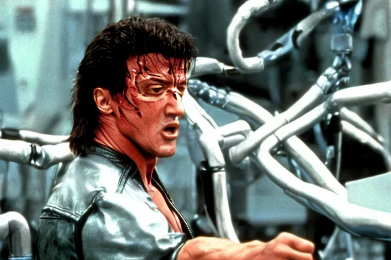 Image similar to a film still of Sylvester Stallone as the Terminator from the movie Terminator 2: Judgment Day (1991)