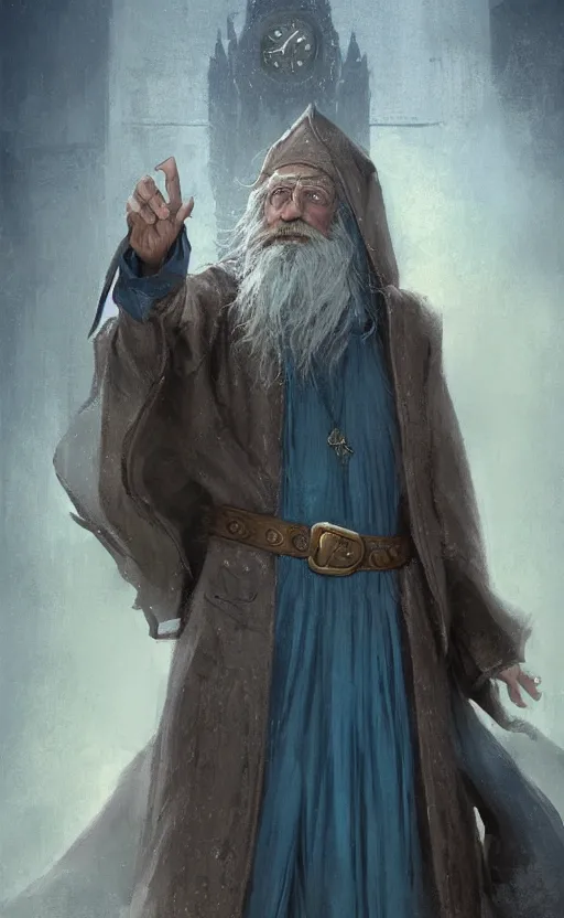 Image similar to portrait of a middle - aged elf with a long beard, dressed in a blue cloak, brown - grey hair, raised hand, clock iconography, detailed face, fantasy, highly detailed, cinematic lighting, digital art painting by greg rutkowski