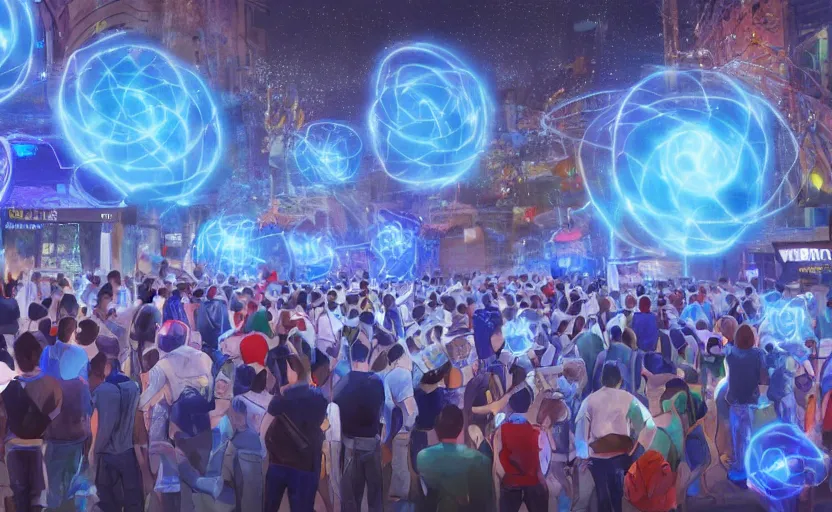 Image similar to crowd of crazy people with posters attacking cops in front a huge blue spiral - shaped bright white luminous attractor that is floating and stores in los angeles with light screens all over the street, concept art, art for the game, professional lighting, night lighting from streetlights