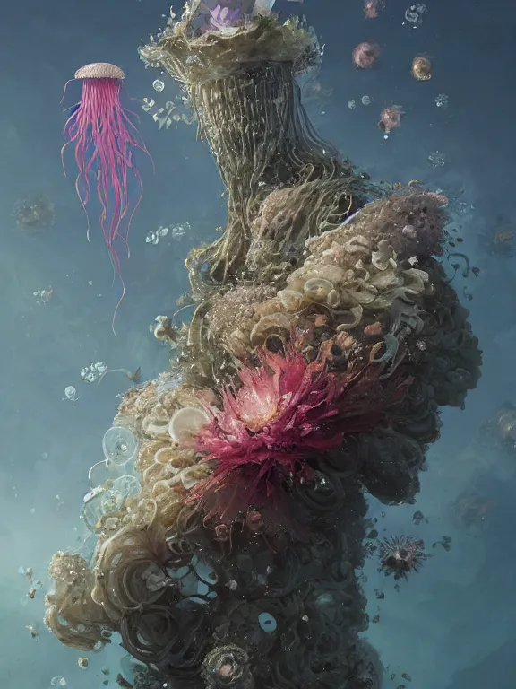 Image similar to a fancy portrait of a giant floating flower and jellyfish by Greg Rutkowski, Sung Choi, Mitchell Mohrhauser, Maciej Kuciara, Johnson Ting, Maxim Verehin, Peter Konig, Bloodborne, beeple, 8k photorealistic, cinematic lighting, HD, high details, atmospheric , trending on artstation. made in Maya, Blender and Photoshop, octane render, excellent composition, cinematic dystopian brutalist atmosphere, dynamic dramatic cinematic lighting, aesthetic, very inspirational, arthouse. y Greg Rutkowski, Ilya Kuvshinov, WLOP, Stanley Artgerm Lau, Ruan Jia and Fenghua Zhong