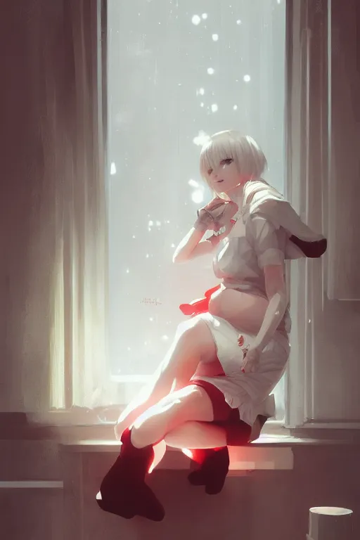 Image similar to a cute young woman sitting in a white bubble chair, cozy setting, red and white, warm lighting, cinematic, moody, nier automata, poster, oil on canvas, in the style of Ilya Kuvshinov, Krenz Cushart, Range Murata, Eero Aarnio, 8k