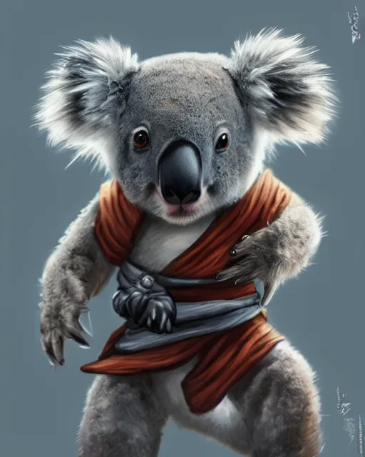 Image similar to a cute koala dressed in a shinobi outfit, by łukasz piskorz and patrick mcenvoy and michael komarck, intricate, highly detailed, artstation, concept art, smooth, sharp focus photorealistic centered