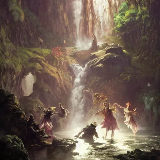 Image similar to an extremely detailed portrait of four polyamorous witches dancing in a cavern behind a waterfall, epic fantasy, viewed in profile from far away, sharp focus, detailed face, art by greg rutkowski and alphonse mucha, volumetric lighting, 4 k resolution, trending on artstation, masterpiece