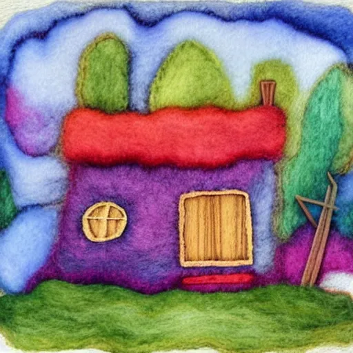 Image similar to small wooden house in the middle of spring forest, bright colours, watercolor painting, volumetric wool felting