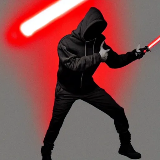 Image similar to a man with black hair in a black hoodie posing while holding a red lightsaber, Trending on artstation