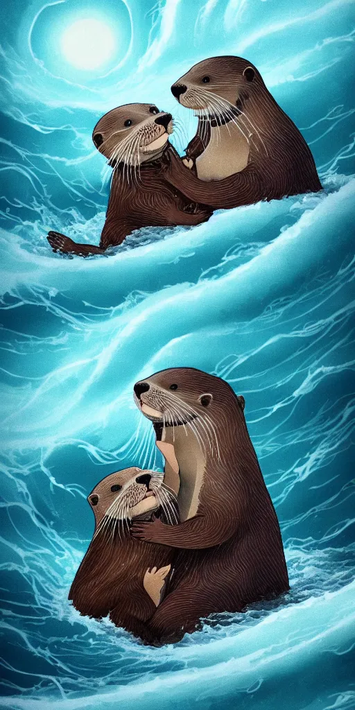 Image similar to An adorable Otter saving his wife from the whirlpool, in love holding hands side by side, in the middle of a super scary storm at sea, thunder, lightning, waves, fantasy illustration, cinematic, award winning, romantic, detailed trending on artstation, masterpiece