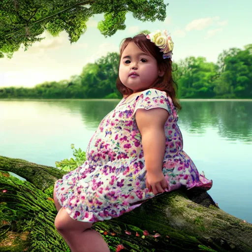 Prompt: spectacular scene of a little fat sweet girl with flowery dress, sitting on a curly branch, by the beautiful lake. clear beautiful fat face. morning time. an amazingly beautiful scene. beautiful lighting, 4 k post - processing, trending in art station, cg society, highly detailed, 5 k extremely detailed, 3 d. cinematic scene.