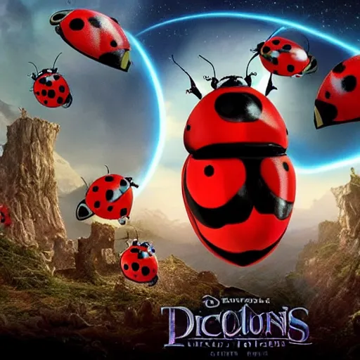 Image similar to promotional movie still, ladybug futuristic ( ( descendants ) ), ladybug quadruped with big rgb eyes, huge ladybug mothership, space western, dramatic lighting, the fellowship of the ring ( film ) genre.