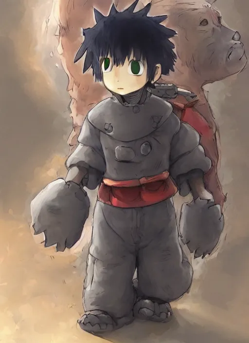 Image similar to beautiful little boy wearing an cyborg bear suit, artwork in kentaro miura and made in abyss and rosdraws and evangelion, smooth, beautiful lightness, anatomically correct, trending on pixiv, forest