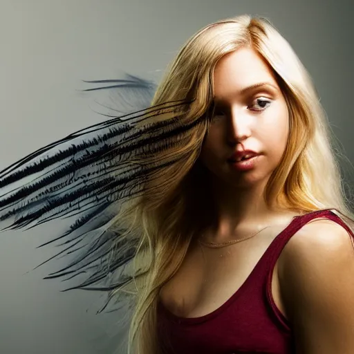 Image similar to pretty blond girl with outstretched raven wings raven feathers growing out of her skin, golden hour, caustics, shallow depth of field, moody lighting, 8 k, concept art,