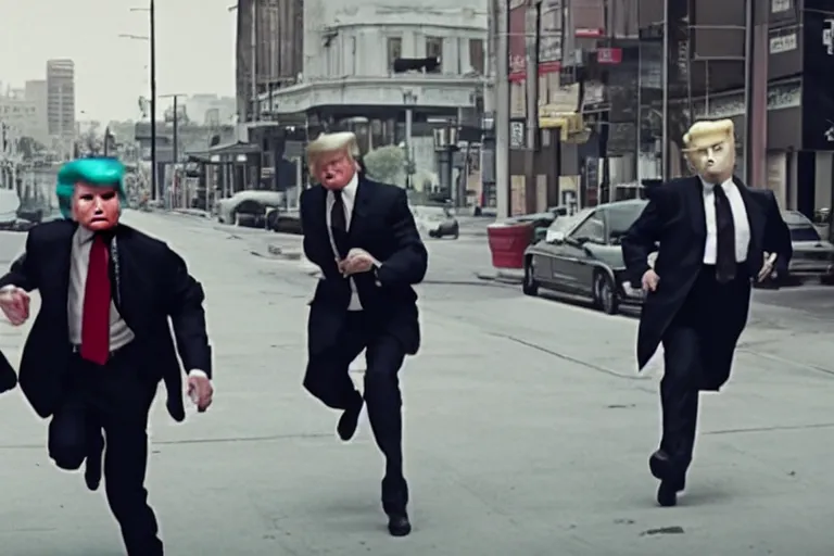 Image similar to dramatic cinematic bank robbers running out of bank wearing trump masks by Roger Deakins