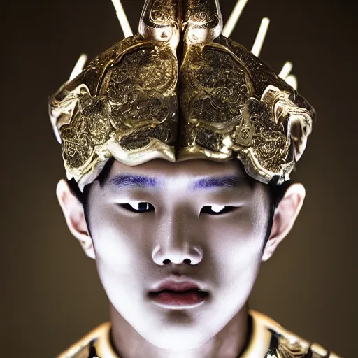 Image similar to a portrait of a beautiful korean young male wearing an alexander mcqueen armor made of wax candles , photographed by andrew thomas huang, artistic