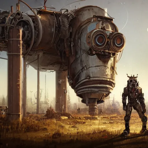 Image similar to a steampunk cyborg grizzly bear with laser eyes walking in a wasteland, abandoned barn in the background, collapsed water tower, painting by Greg Rutkowski, Felix Kelly and Syd Mead, high detail, atmospheric lighting, matte painting, light and shadow, octane render, artstation trending, 4k UHD