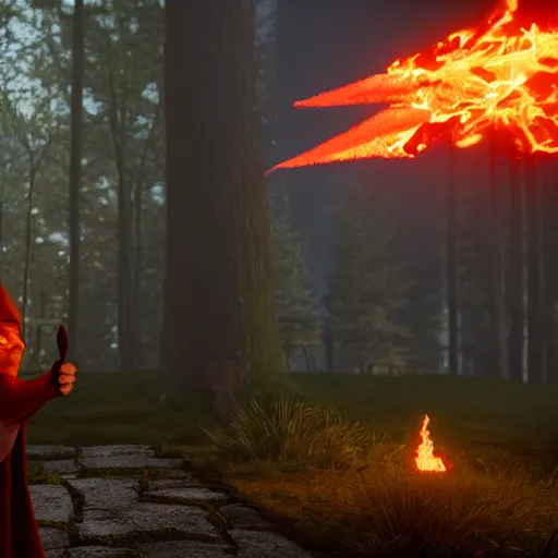 Prompt: Mighty wizard casting fireball, misty, dark, cinematic color, cinematic, 8k render, Unreal Engine 5 render, ultra HD