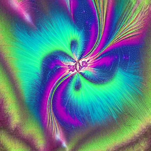 Prompt: an highly detailed irregular warped fractal of feathers by Gabriel Dawe, background of outer space neon nebulas by Pilar Gogar, 8k hdr octane render