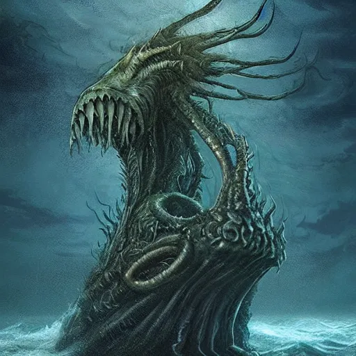 Image similar to sea beast of the depths in the style of michael whelan and h. p. lovecraft. hyperdetailed photorealism by greg rutkowski