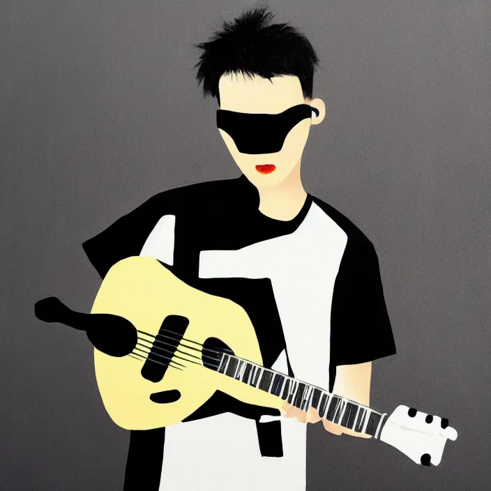 Prompt: minimal dramatic painting of a young korean man wearing black t shirt holding an electric guitar!!, dark background, huge dramatic brush strokes, matte colors, abstract, trending on artstation