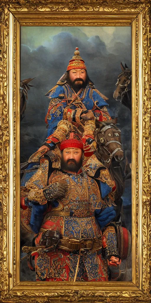 Prompt: Highly detailed and cinematic Renaissance period portrait oil painting of the Mongol Emperor Kublai Khan, an oil painting ((masterpiece)) by ((Josep Tapiró Baró)), dynamic lighting, 8K