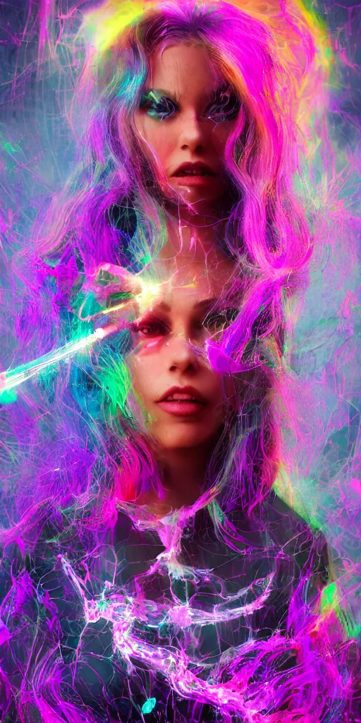 Prompt: impossibly beautiful witch using magic to hypnotize enemies, complexity, horror, psychedelic glitch art, rainbow drip paint, trending on art station, photoreal, 8k, octane render