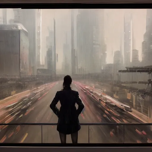 Image similar to detailed portrait of a woman, moment, cyberpunk observation deck, electronic billboards, tech noir, wet reflections, atmospheric, ambient, livia prima, greg rutkowski, edward hopper, pj crook