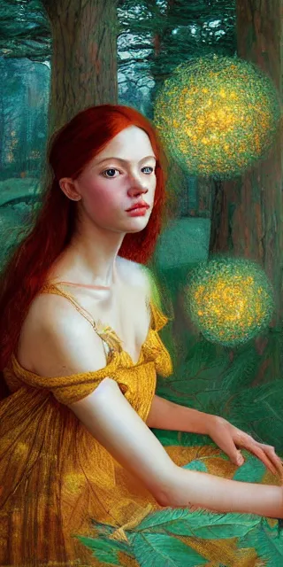 Prompt: an astonished young woman surrounded by golden firefly lights in a mesmerizing scene, sitting amidst nature fully covered, intricate detailed dress, long loose red hair, precise linework, accurate green eyes, small nose with freckles, smooth oval head, expressive emotions, hyper realistic ultrafine portrait by artemisia gentileschi, jessica rossier, artgerm