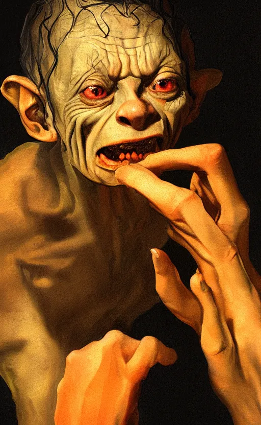 Prompt: a beautiful painting of gollum holding the ring and crying, by rembrandt and johannes vermeer, rembrandt lighting, beautiful composition and structure, high contrast, high saturation, vivid ember colors, cross hatching featured on artstation, shading study, lighting study, studio lighting