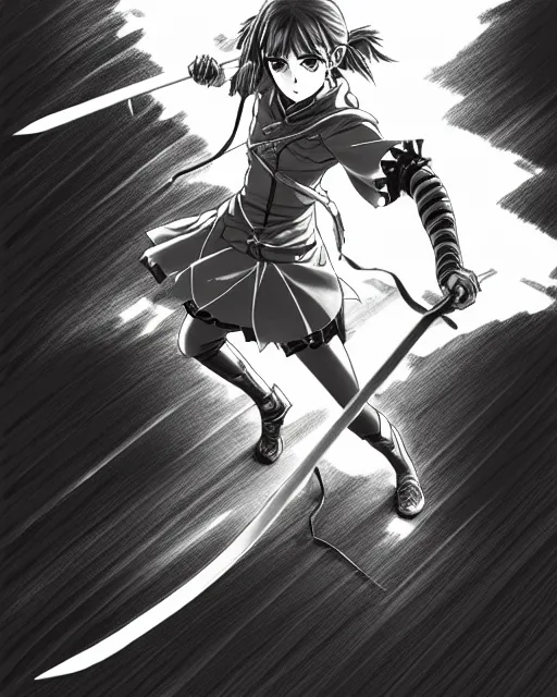 Image similar to a very detailed pencil drawing of emma watson in demon slayer manga panel, action lines, in field, back light, sword slash, high resolution, dynamic pose, landscape, full body, action, sword, hyper realistic, manga, koyoharu gotouge, sakuga