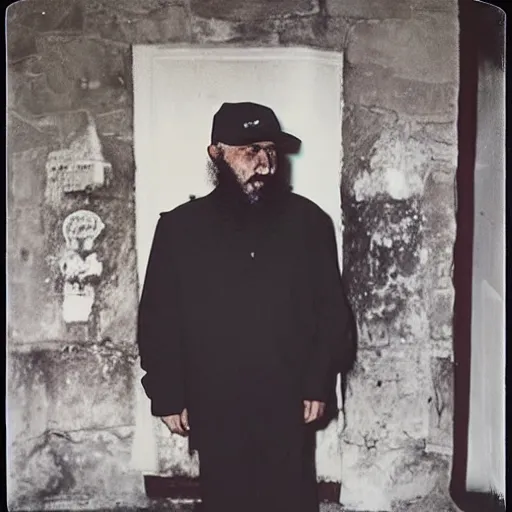 Image similar to fidel castro wearing goth clothing, polaroid, by nan goldin