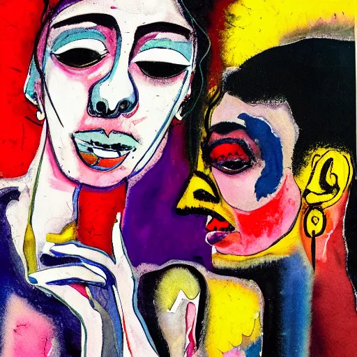 Image similar to watercolor painting of two bizarre psychedelic goth women kissing each other closeup in a cafe in spain, speculative evolution, mixed media collage by basquiat and jackson pollock, maximalist magazine collage art, sapphic art, lesbian art, chemically damaged