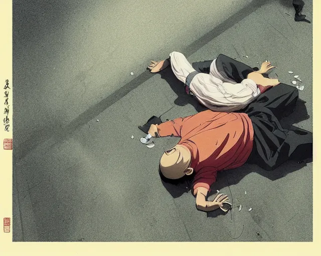 Image similar to a 50 year old brunnete chinese man lying on the floor and crying, horror scene, dramatic, shot from the top, anime art, Greg Rutkowski, studio ghibli, dramatic lighting