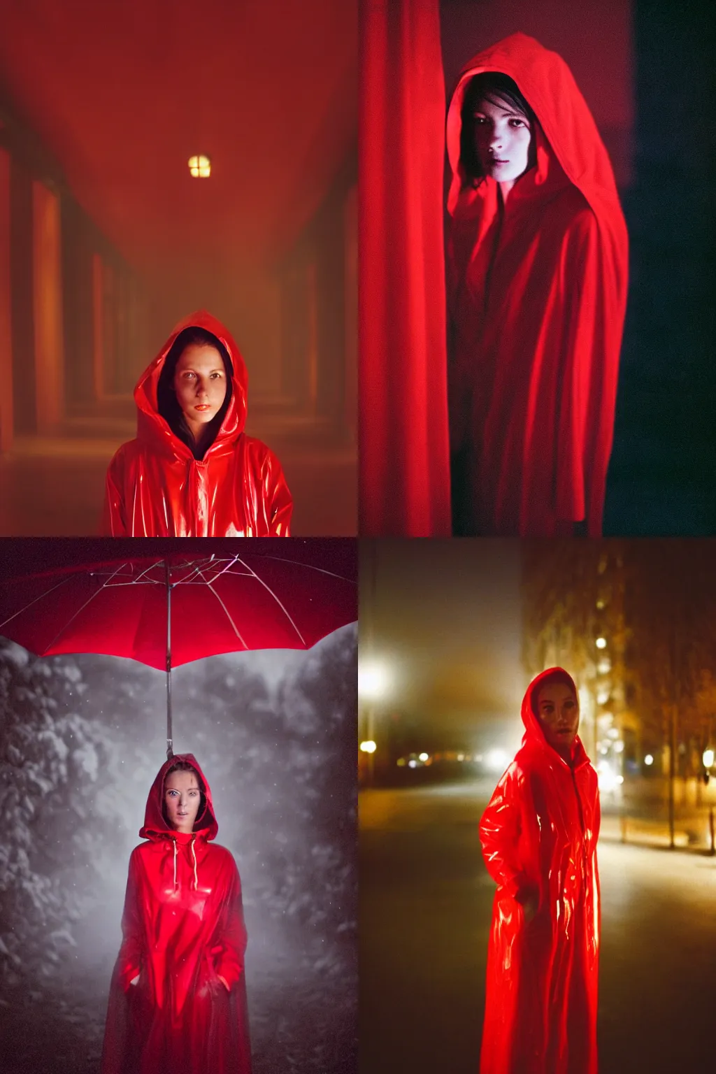 Prompt: detailed and realistic portrait photography at night of a woman wearing a translucent red raincoat with hoodie by Steve McCurry. Cinematic. Lens flare. Portra 800 film. Helios 44m. Neo noir style.