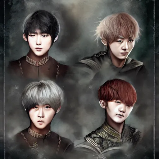 Image similar to korean pop boy band as lord of the rings characters, realistic, digital art, artstation, intricate armor, elegant