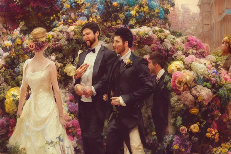 Prompt: the groom look at the bride at a wedding full of flowers, bright and happy, dreamlike art, highly detail, 4 k realistic, wedding photoy krenz cushart, artem demura, yoji shinkawa artgerm, jon lothian, danilo torres. adi meyers. thomas reimann. gaston bussiere.