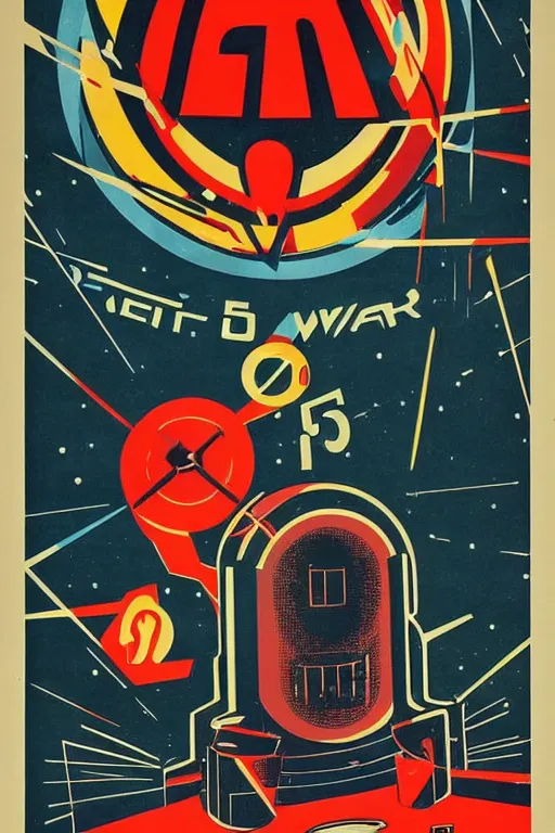 Prompt: poster of intergalactic war, 1 9 5 0 s style, futuristic design, dark, symmetrical, washed out color, centered, art deco, 1 9 5 0's futuristic, glowing highlights, intense