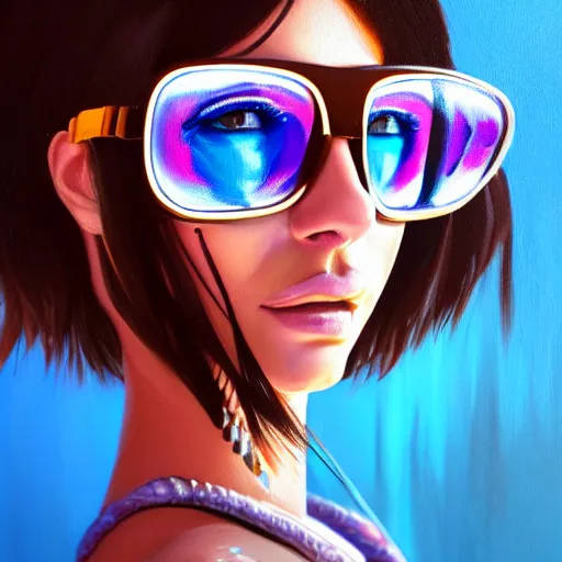 Image similar to closeup painting of a very beautiful young mexican cyberpunk woman with a smirk, wearing light blue shutter shades and a dark brown leather jacket, one side haircut, long brown hair with light blue ends, portrait, hyperdetailed, artstation, cgsociety, 8 k, synthwave by tangerine dream