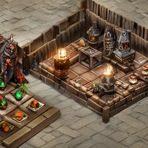 Prompt: Isometric D&D tabletop game miniature tavern, orc themed, dark, evil looking, very realistic, cinematic lighting, CGI render, trending on artstation