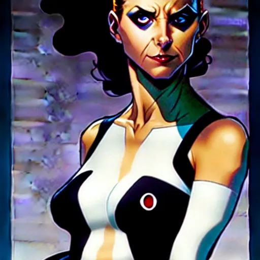 Image similar to artgerm, joshua middleton comic cover art, pretty domino character marvel comics sarah michelle gellar, place white skin, asymmetrical black spot covering left eye only, no spot right eye white around right eye