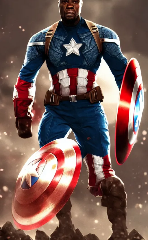 Image similar to kevin hart as captain america, dynamic lighting, photorealistic fantasy concept art, trending on art station, stunning visuals, creative, cinematic, ultra detailed