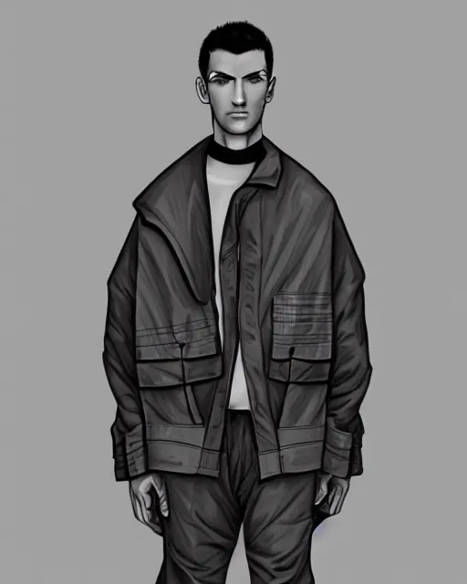 Prompt: sketch drawing of a male model wearing a baggy menswear moto jacket by issey miyake, 4 k, studio lighting, wide angle lens