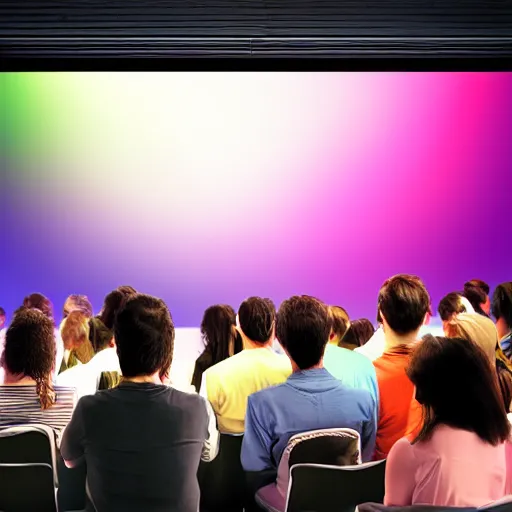 Prompt: cartoon, people listening to presentation on large screen, sitting in a large hall, dim painterly lighting volumetric aquatics, party