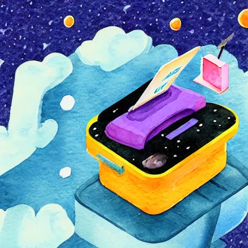 Image similar to isometric watercolor illustration of a printer floating in space