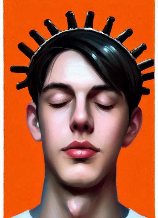 Image similar to portrait of teenage jughead jones wearing a light grey crown, symmetrical crown, hamburger background, eyes closed, crown, black hair, orange, intricate, elegant, glowing lights, warm lighting, highly detailed, digital painting, artstation, concept art, smooth, sharp focus, illustration, art by wlop, mars ravelo and greg rutkowski