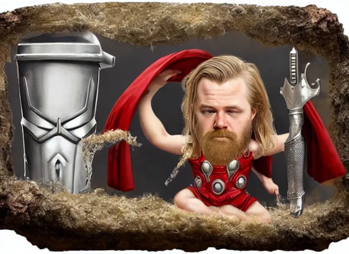 Image similar to thor inside a beer, lowbrow, matte painting, 3 - d highly detailed, in the style of mark ryden,