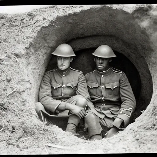 Prompt: 1910s black and white photograph of two world war one soldiers huddled in a bunker together, WWI, black and white