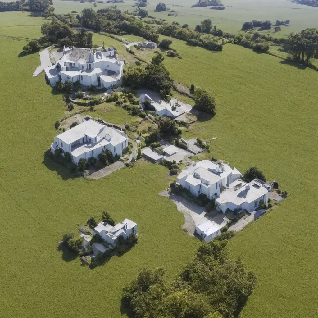 Prompt: a surrealist house with drone propellers, hovering over a field, perfect symmetry, view from the front,