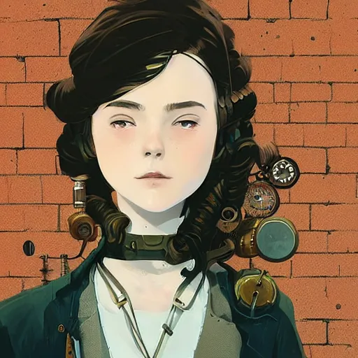 Prompt: Highly detailed portrait of a steampunk young lady with, freckles and wavy hair by Atey Ghailan, by Loish, by Bryan Lee O'Malley, by Cliff Chiang, by Greg Rutkowski, inspired by image comics, inspired by graphic novel cover art, inspired by nier!! Gradient color scheme ((grafitti tag brick wall background)), trending on artstation