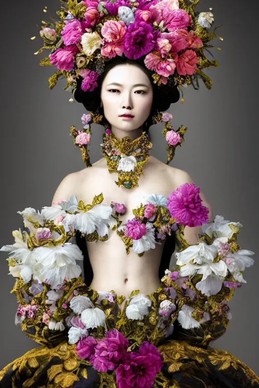 Image similar to a beautiful empress portrait, with a brilliant, impossible striking big flower headpiece, clothes entirely made out of flowers, symmetrical, dramatic studio lighting, rococo, baroque, jewels, asian, hyperrealism, closeup, D&D, fantasy, intricate, elegant, highly detailed, digital painting, artstation, octane render, 8k, concept art, matte, sharp focus, illustration, art by Artgerm and Greg Rutkowski and Alphonse Mucha