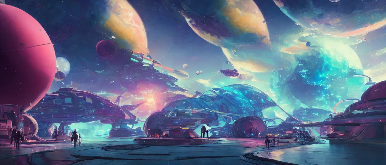 Image similar to orbital space station on a colorful nebulea, unreal engine, fantasy art by greg, loish, rhads, ferdinand knab, makoto shinkai, lois van baarle, ilya kuvshinov, rossdraws, tom bagshaw, global illumination, radiant light, highly detailed intricate environment, isometric, onstudio ghibli, octane render, 8 k